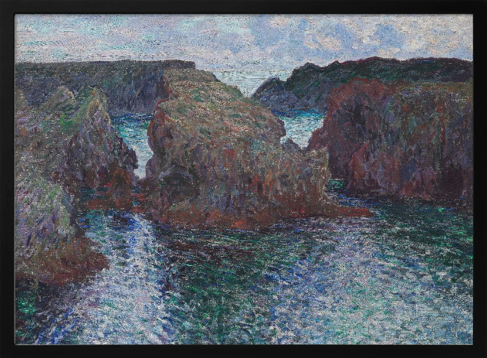 An impressionist painting of a rocky sea coast, featuring dark, craggy cliffs surrounding a turbulent channel of blue and green water under a pale, cloudy sky. The artwork is presented in a modern silver frame. Print