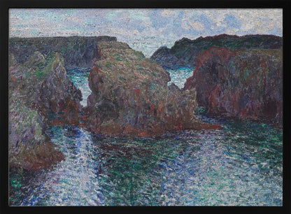 An impressionist painting of a rocky sea coast, featuring dark, craggy cliffs surrounding a turbulent channel of blue and green water under a pale, cloudy sky. The artwork is presented in a modern silver frame. Print