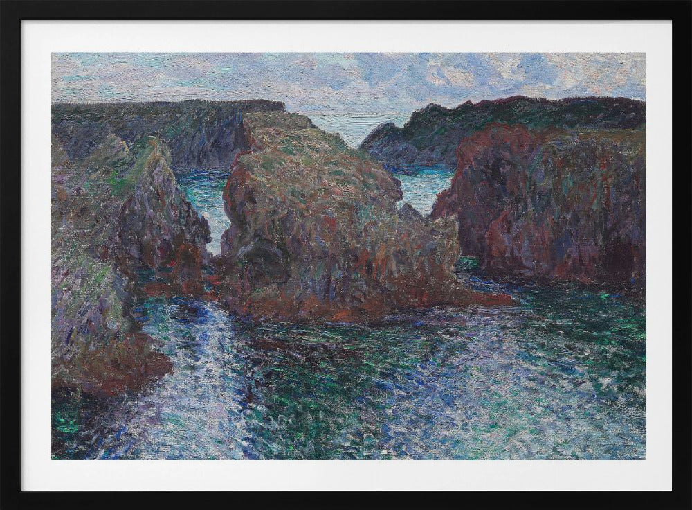 An impressionist painting of a rocky sea coast, featuring dark, craggy cliffs surrounding a turbulent channel of blue and green water under a pale, cloudy sky. The artwork is presented in a modern silver frame. Print