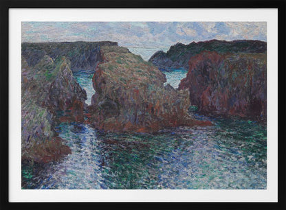 An impressionist painting of a rocky sea coast, featuring dark, craggy cliffs surrounding a turbulent channel of blue and green water under a pale, cloudy sky. The artwork is presented in a modern silver frame. Print