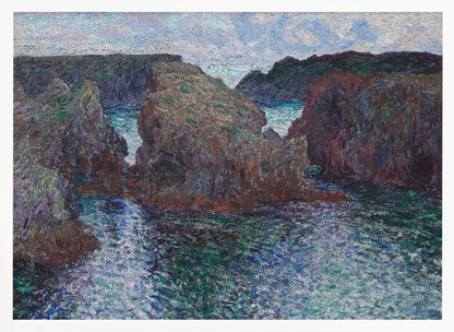 An impressionist painting of a rocky sea coast, featuring dark, craggy cliffs surrounding a turbulent channel of blue and green water under a pale, cloudy sky. The artwork is presented in a modern silver frame. Print