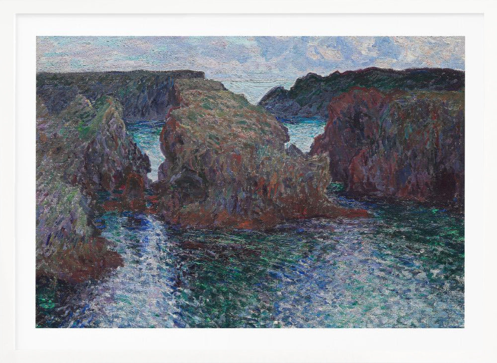 An impressionist painting of a rocky sea coast, featuring dark, craggy cliffs surrounding a turbulent channel of blue and green water under a pale, cloudy sky. The artwork is presented in a modern silver frame. Print