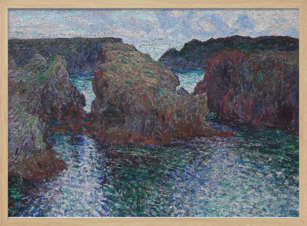 An impressionist painting of a rocky sea coast, featuring dark, craggy cliffs surrounding a turbulent channel of blue and green water under a pale, cloudy sky. The artwork is presented in a modern silver frame. Print
