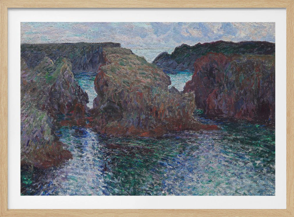 An impressionist painting of a rocky sea coast, featuring dark, craggy cliffs surrounding a turbulent channel of blue and green water under a pale, cloudy sky. The artwork is presented in a modern silver frame. Print