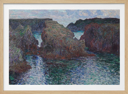 An impressionist painting of a rocky sea coast, featuring dark, craggy cliffs surrounding a turbulent channel of blue and green water under a pale, cloudy sky. The artwork is presented in a modern silver frame. Print
