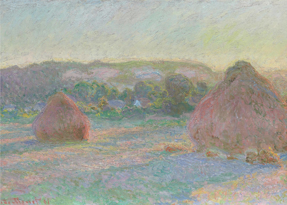 An Impressionist painting by Claude Monet depicting two large, reddish haystacks in a field of green and purple hues during sunrise, with a line of distant trees under a pale yellow sky, all within a silver frame. Poster