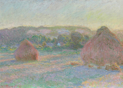 An Impressionist painting by Claude Monet depicting two large, reddish haystacks in a field of green and purple hues during sunrise, with a line of distant trees under a pale yellow sky, all within a silver frame. Poster