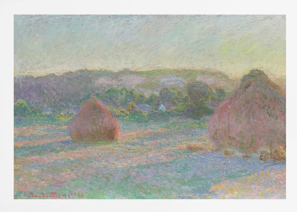 An Impressionist painting by Claude Monet depicting two large, reddish haystacks in a field of green and purple hues during sunrise, with a line of distant trees under a pale yellow sky, all within a silver frame. Poster