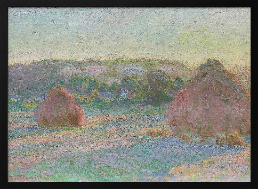 An Impressionist painting by Claude Monet depicting two large, reddish haystacks in a field of green and purple hues during sunrise, with a line of distant trees under a pale yellow sky, all within a silver frame. Poster