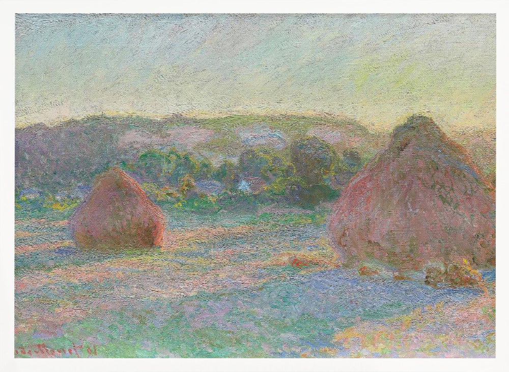 An Impressionist painting by Claude Monet depicting two large, reddish haystacks in a field of green and purple hues during sunrise, with a line of distant trees under a pale yellow sky, all within a silver frame. Poster