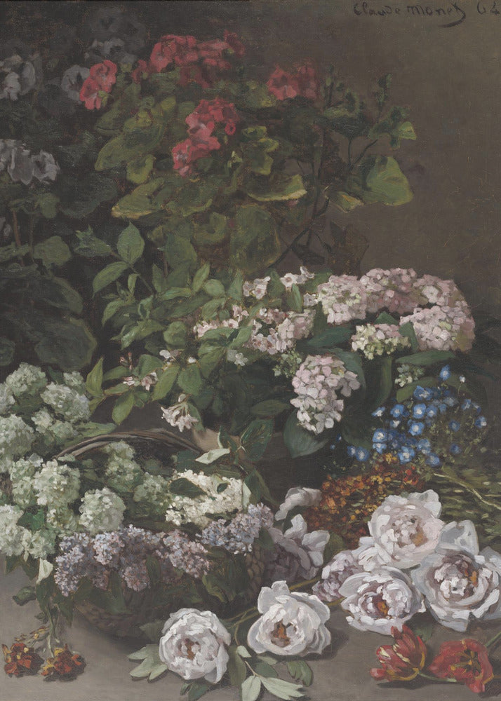 A classic vertical still life painting by Claude Monet from 1864. It showcases a rich and abundant arrangement of various flowers against a dark, muted background. Prominently featured are pink geraniums, clusters of white and pink hydrangeas, lilacs in a basket, and a scattering of white peonies and red tulips in the foreground. Poster