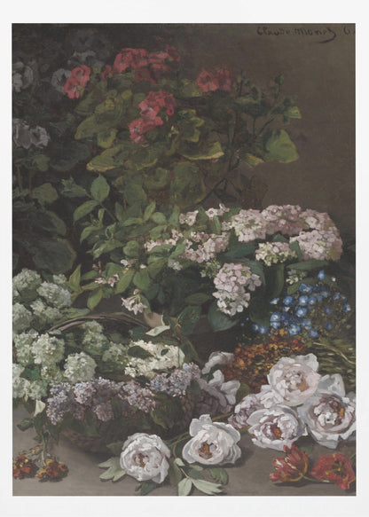 A classic vertical still life painting by Claude Monet from 1864. It showcases a rich and abundant arrangement of various flowers against a dark, muted background. Prominently featured are pink geraniums, clusters of white and pink hydrangeas, lilacs in a basket, and a scattering of white peonies and red tulips in the foreground. Poster