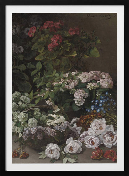 A classic vertical still life painting by Claude Monet from 1864. It showcases a rich and abundant arrangement of various flowers against a dark, muted background. Prominently featured are pink geraniums, clusters of white and pink hydrangeas, lilacs in a basket, and a scattering of white peonies and red tulips in the foreground. Poster