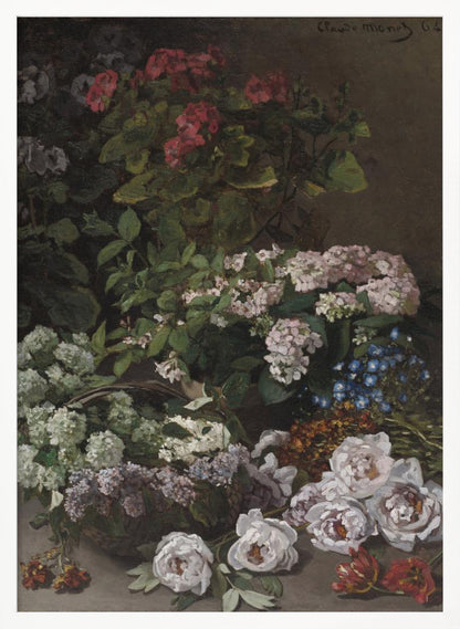 A classic vertical still life painting by Claude Monet from 1864. It showcases a rich and abundant arrangement of various flowers against a dark, muted background. Prominently featured are pink geraniums, clusters of white and pink hydrangeas, lilacs in a basket, and a scattering of white peonies and red tulips in the foreground. Poster