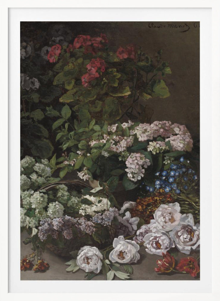 A classic vertical still life painting by Claude Monet from 1864. It showcases a rich and abundant arrangement of various flowers against a dark, muted background. Prominently featured are pink geraniums, clusters of white and pink hydrangeas, lilacs in a basket, and a scattering of white peonies and red tulips in the foreground. Poster