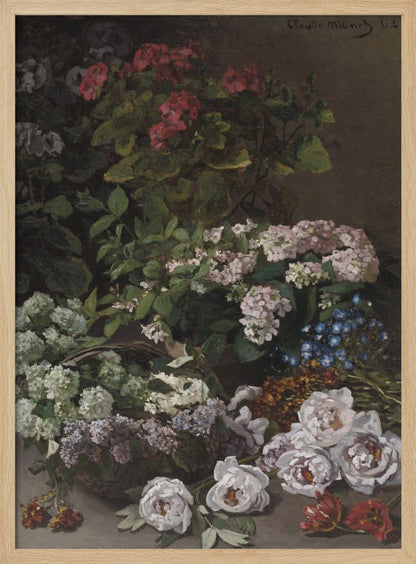 A classic vertical still life painting by Claude Monet from 1864. It showcases a rich and abundant arrangement of various flowers against a dark, muted background. Prominently featured are pink geraniums, clusters of white and pink hydrangeas, lilacs in a basket, and a scattering of white peonies and red tulips in the foreground. Poster