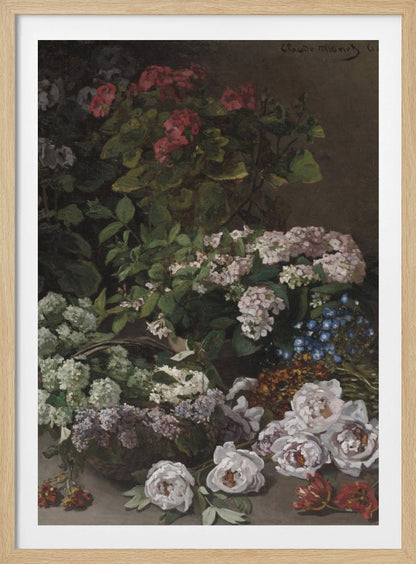 A classic vertical still life painting by Claude Monet from 1864. It showcases a rich and abundant arrangement of various flowers against a dark, muted background. Prominently featured are pink geraniums, clusters of white and pink hydrangeas, lilacs in a basket, and a scattering of white peonies and red tulips in the foreground. Poster
