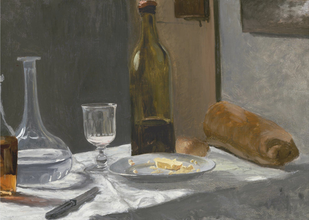 A classic still life oil painting depicting a simple meal on a white tablecloth, featuring a bottle of wine, a water decanter, a glass, a plate with cheese, a loaf of bread, and a knife, all set against a dark, moody background and framed in silver. Wall Art