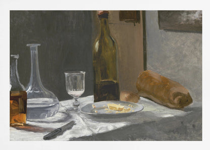 A classic still life oil painting depicting a simple meal on a white tablecloth, featuring a bottle of wine, a water decanter, a glass, a plate with cheese, a loaf of bread, and a knife, all set against a dark, moody background and framed in silver. Wall Art