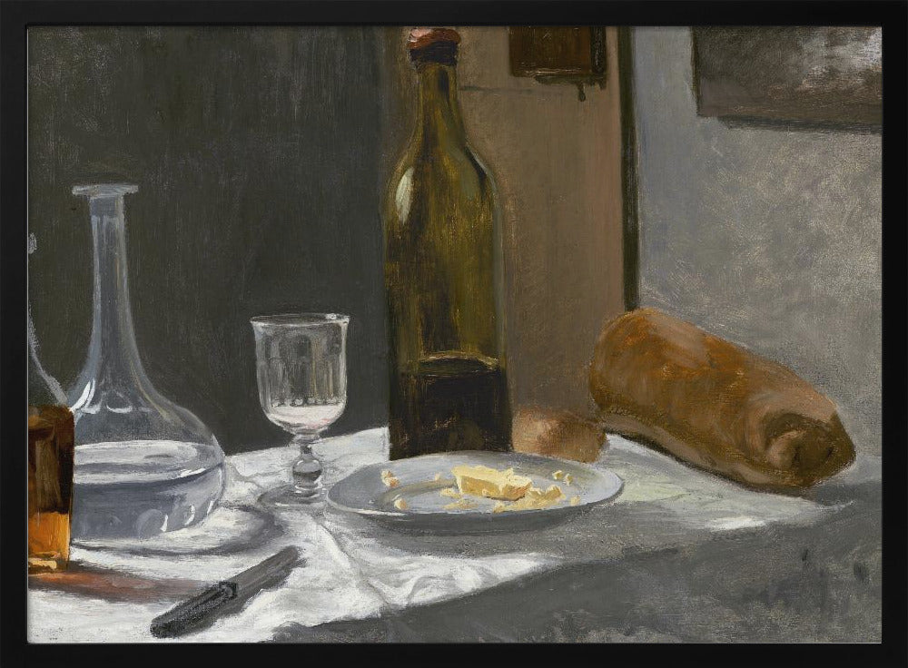 A classic still life oil painting depicting a simple meal on a white tablecloth, featuring a bottle of wine, a water decanter, a glass, a plate with cheese, a loaf of bread, and a knife, all set against a dark, moody background and framed in silver. Wall Art