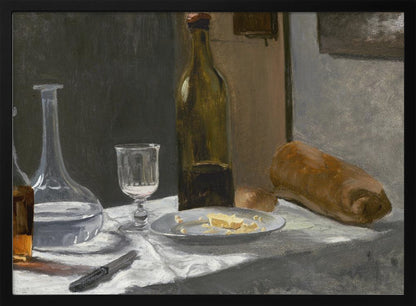 A classic still life oil painting depicting a simple meal on a white tablecloth, featuring a bottle of wine, a water decanter, a glass, a plate with cheese, a loaf of bread, and a knife, all set against a dark, moody background and framed in silver. Wall Art