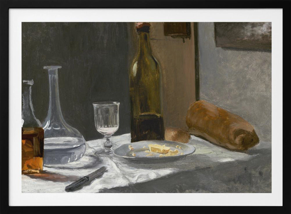 A classic still life oil painting depicting a simple meal on a white tablecloth, featuring a bottle of wine, a water decanter, a glass, a plate with cheese, a loaf of bread, and a knife, all set against a dark, moody background and framed in silver. Wall Art