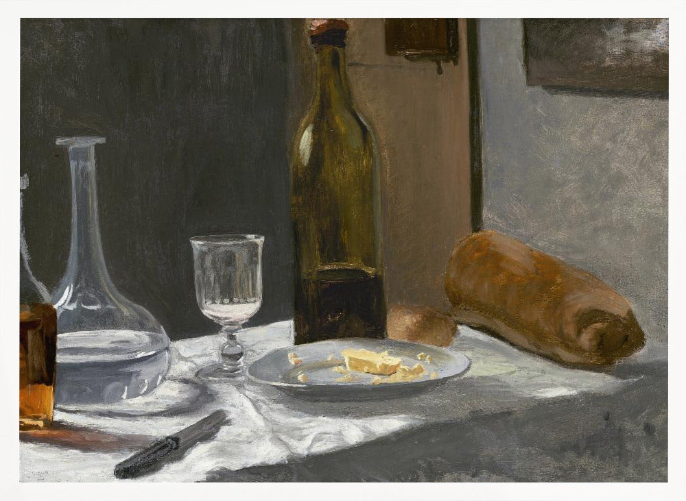 A classic still life oil painting depicting a simple meal on a white tablecloth, featuring a bottle of wine, a water decanter, a glass, a plate with cheese, a loaf of bread, and a knife, all set against a dark, moody background and framed in silver. Wall Art