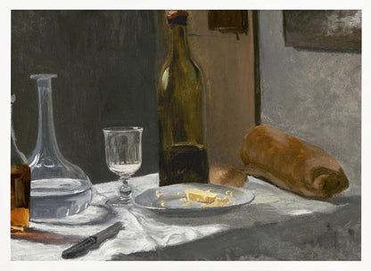 A classic still life oil painting depicting a simple meal on a white tablecloth, featuring a bottle of wine, a water decanter, a glass, a plate with cheese, a loaf of bread, and a knife, all set against a dark, moody background and framed in silver. Wall Art
