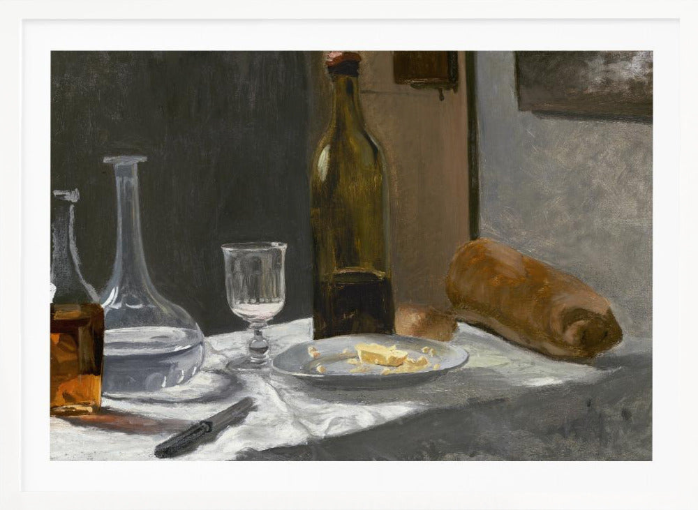 A classic still life oil painting depicting a simple meal on a white tablecloth, featuring a bottle of wine, a water decanter, a glass, a plate with cheese, a loaf of bread, and a knife, all set against a dark, moody background and framed in silver. Wall Art
