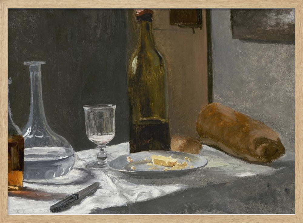 A classic still life oil painting depicting a simple meal on a white tablecloth, featuring a bottle of wine, a water decanter, a glass, a plate with cheese, a loaf of bread, and a knife, all set against a dark, moody background and framed in silver. Wall Art