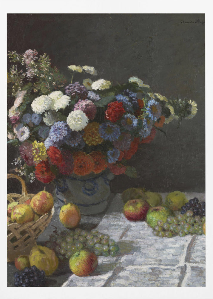 A classic still life painting by Claude Monet depicting a vibrant, multicolored bouquet of flowers in a ceramic vase. Scattered around the vase on a white tablecloth are various fruits, including apples, pears in a basket, and bunches of grapes, all set against a dark, moody background. Poster