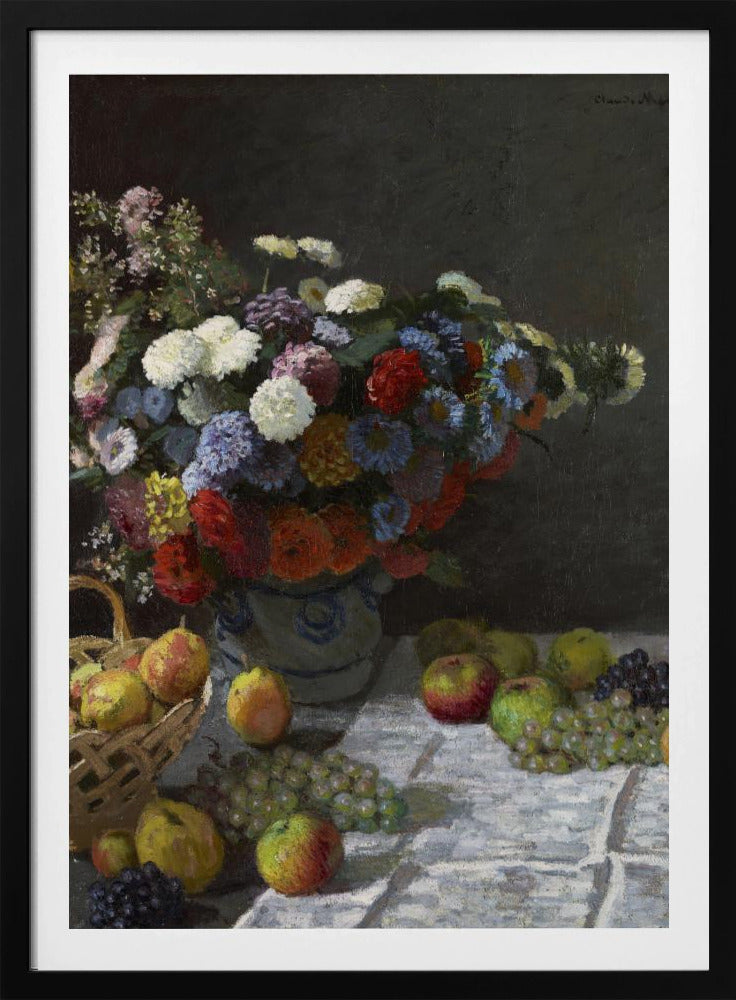 A classic still life painting by Claude Monet depicting a vibrant, multicolored bouquet of flowers in a ceramic vase. Scattered around the vase on a white tablecloth are various fruits, including apples, pears in a basket, and bunches of grapes, all set against a dark, moody background. Poster