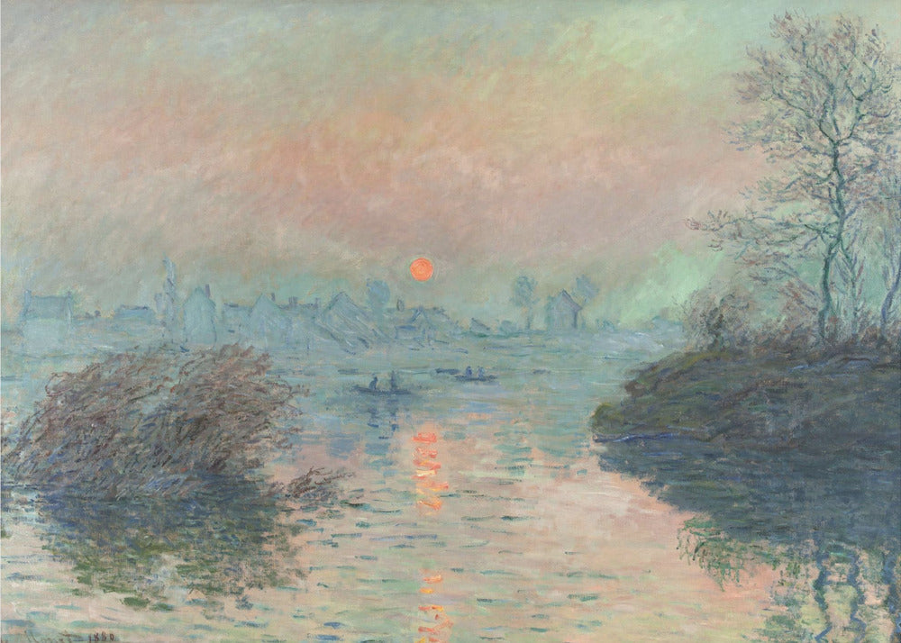 A framed Impressionist painting of a sunrise over a hazy harbor. The orange sun is reflected in the blue-gray water, where small boats float. In the background, the faint outlines of a city are visible through the mist. Poster