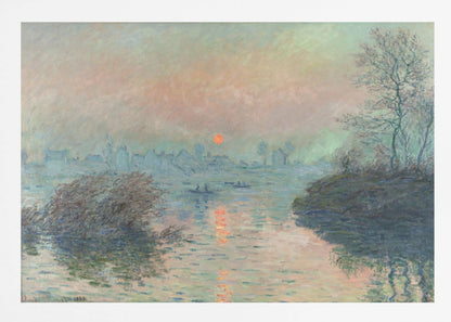 A framed Impressionist painting of a sunrise over a hazy harbor. The orange sun is reflected in the blue-gray water, where small boats float. In the background, the faint outlines of a city are visible through the mist. Poster