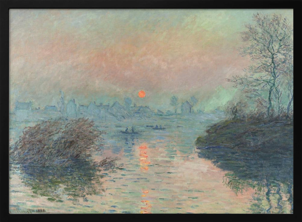 A framed Impressionist painting of a sunrise over a hazy harbor. The orange sun is reflected in the blue-gray water, where small boats float. In the background, the faint outlines of a city are visible through the mist. Poster