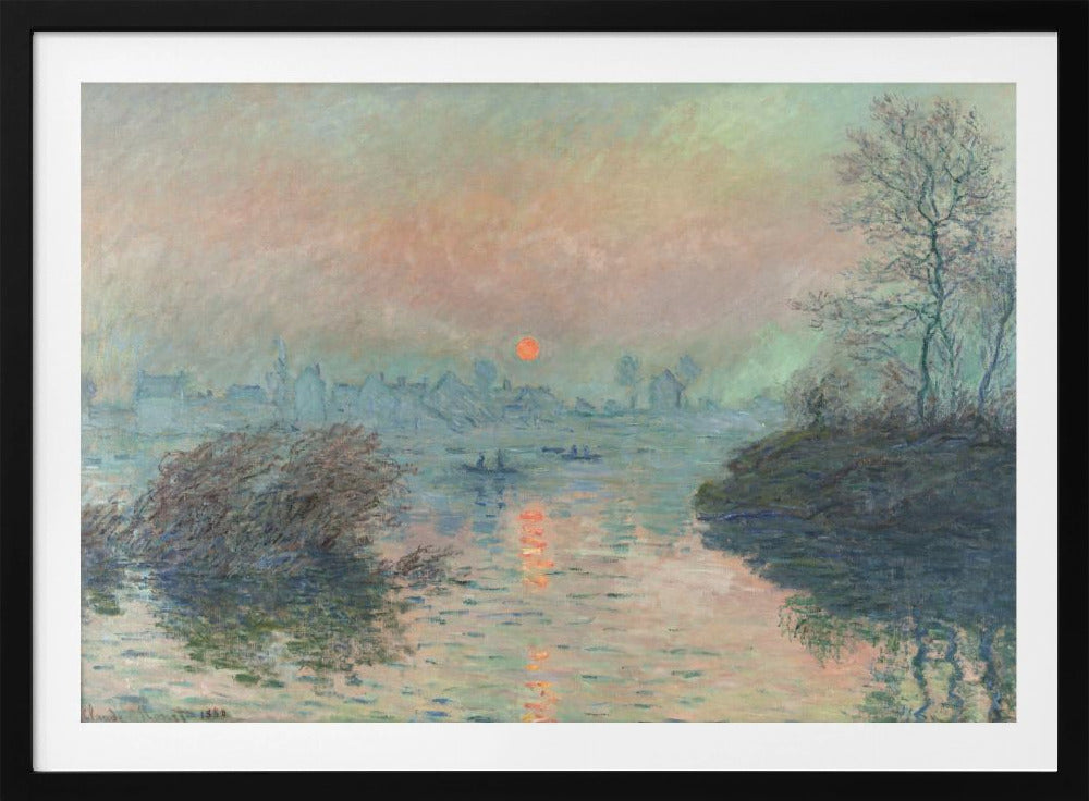 A framed Impressionist painting of a sunrise over a hazy harbor. The orange sun is reflected in the blue-gray water, where small boats float. In the background, the faint outlines of a city are visible through the mist. Poster