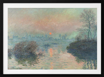 A framed Impressionist painting of a sunrise over a hazy harbor. The orange sun is reflected in the blue-gray water, where small boats float. In the background, the faint outlines of a city are visible through the mist. Poster