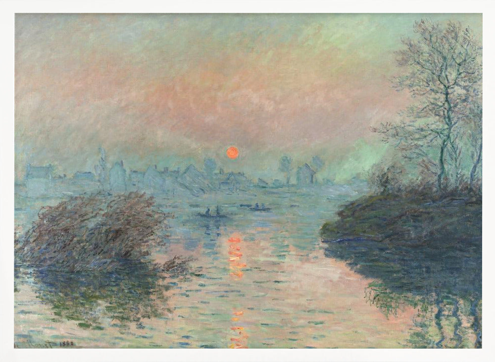 A framed Impressionist painting of a sunrise over a hazy harbor. The orange sun is reflected in the blue-gray water, where small boats float. In the background, the faint outlines of a city are visible through the mist. Poster