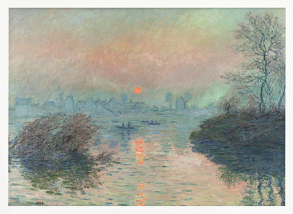 A framed Impressionist painting of a sunrise over a hazy harbor. The orange sun is reflected in the blue-gray water, where small boats float. In the background, the faint outlines of a city are visible through the mist. Poster