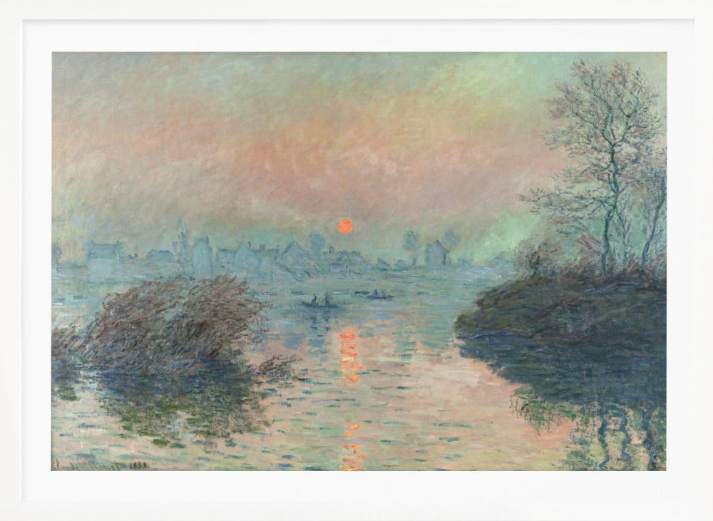 A framed Impressionist painting of a sunrise over a hazy harbor. The orange sun is reflected in the blue-gray water, where small boats float. In the background, the faint outlines of a city are visible through the mist. Poster