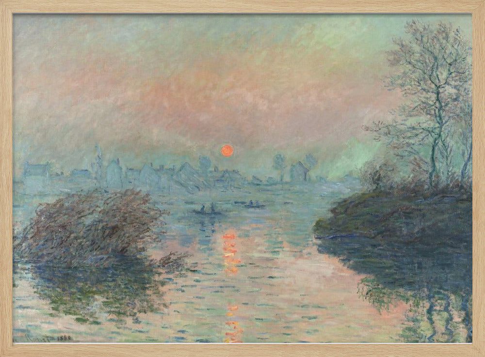 A framed Impressionist painting of a sunrise over a hazy harbor. The orange sun is reflected in the blue-gray water, where small boats float. In the background, the faint outlines of a city are visible through the mist. Poster