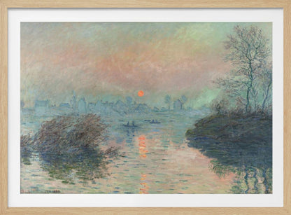 A framed Impressionist painting of a sunrise over a hazy harbor. The orange sun is reflected in the blue-gray water, where small boats float. In the background, the faint outlines of a city are visible through the mist. Poster