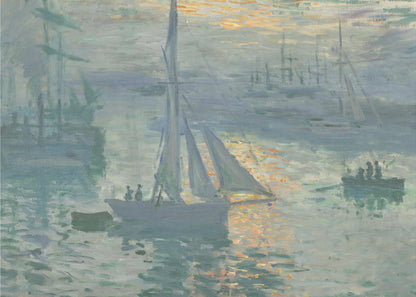 A framed print of Claude Monet's famous Impressionist painting, 'Impression, Sunrise'. The artwork depicts a misty harbor scene in muted blue and grey tones. A bright orange sun is visible through the haze, its light reflecting on the water's surface. Several boats, including a prominent sailboat in the foreground, are silhouetted against the dawn light. Print