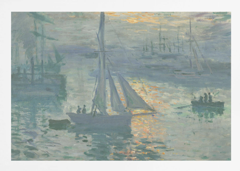 A framed print of Claude Monet's famous Impressionist painting, 'Impression, Sunrise'. The artwork depicts a misty harbor scene in muted blue and grey tones. A bright orange sun is visible through the haze, its light reflecting on the water's surface. Several boats, including a prominent sailboat in the foreground, are silhouetted against the dawn light. Print