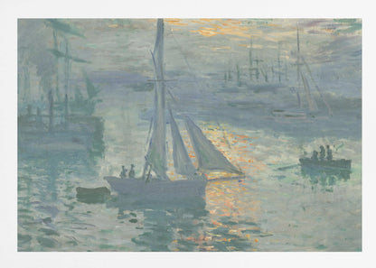 A framed print of Claude Monet's famous Impressionist painting, 'Impression, Sunrise'. The artwork depicts a misty harbor scene in muted blue and grey tones. A bright orange sun is visible through the haze, its light reflecting on the water's surface. Several boats, including a prominent sailboat in the foreground, are silhouetted against the dawn light. Print