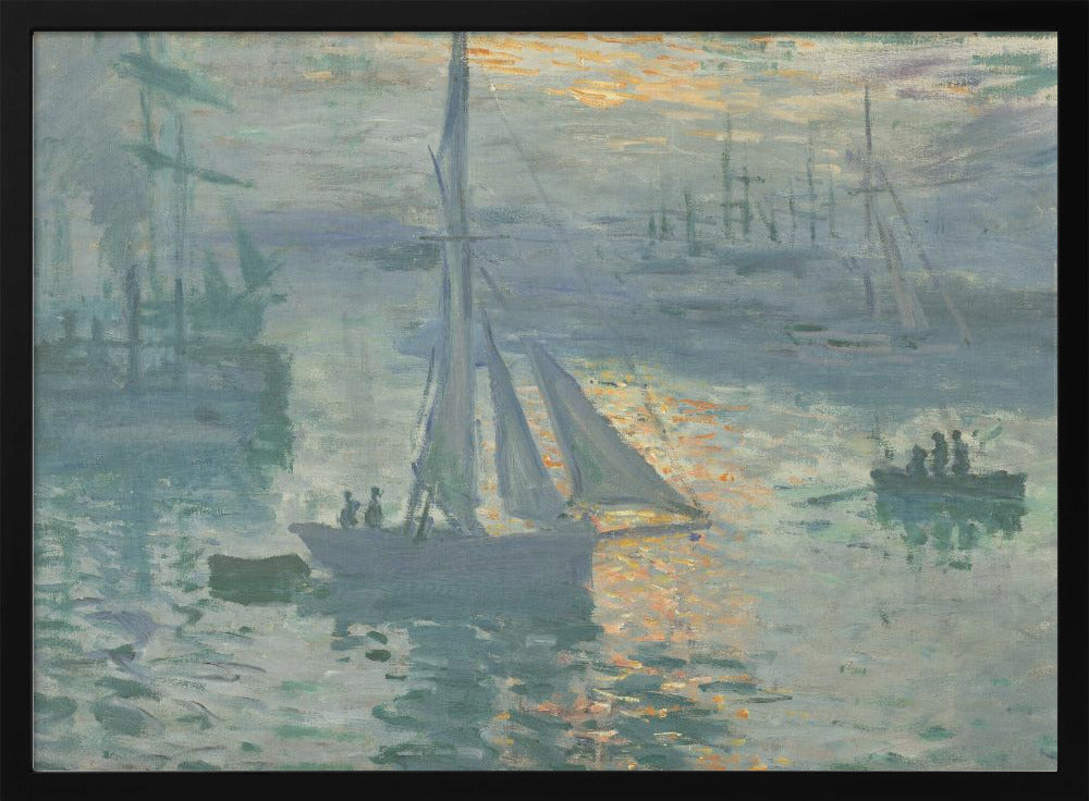 A framed print of Claude Monet's famous Impressionist painting, 'Impression, Sunrise'. The artwork depicts a misty harbor scene in muted blue and grey tones. A bright orange sun is visible through the haze, its light reflecting on the water's surface. Several boats, including a prominent sailboat in the foreground, are silhouetted against the dawn light. Print