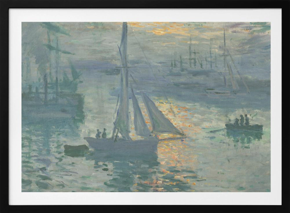 A framed print of Claude Monet's famous Impressionist painting, 'Impression, Sunrise'. The artwork depicts a misty harbor scene in muted blue and grey tones. A bright orange sun is visible through the haze, its light reflecting on the water's surface. Several boats, including a prominent sailboat in the foreground, are silhouetted against the dawn light. Print