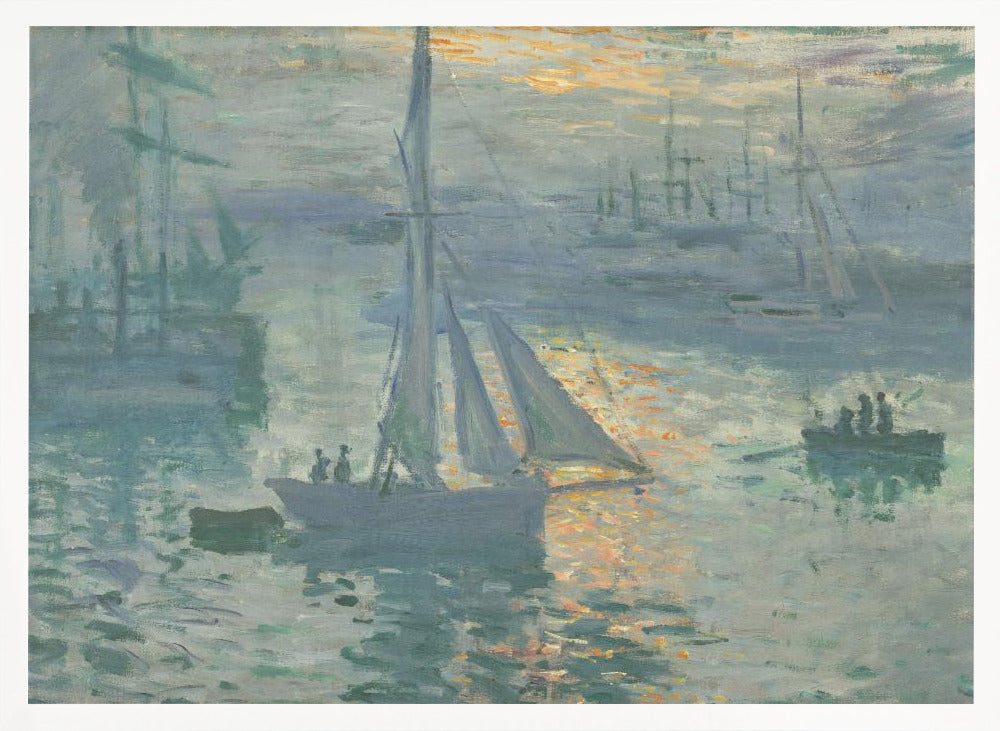 A framed print of Claude Monet's famous Impressionist painting, 'Impression, Sunrise'. The artwork depicts a misty harbor scene in muted blue and grey tones. A bright orange sun is visible through the haze, its light reflecting on the water's surface. Several boats, including a prominent sailboat in the foreground, are silhouetted against the dawn light. Print