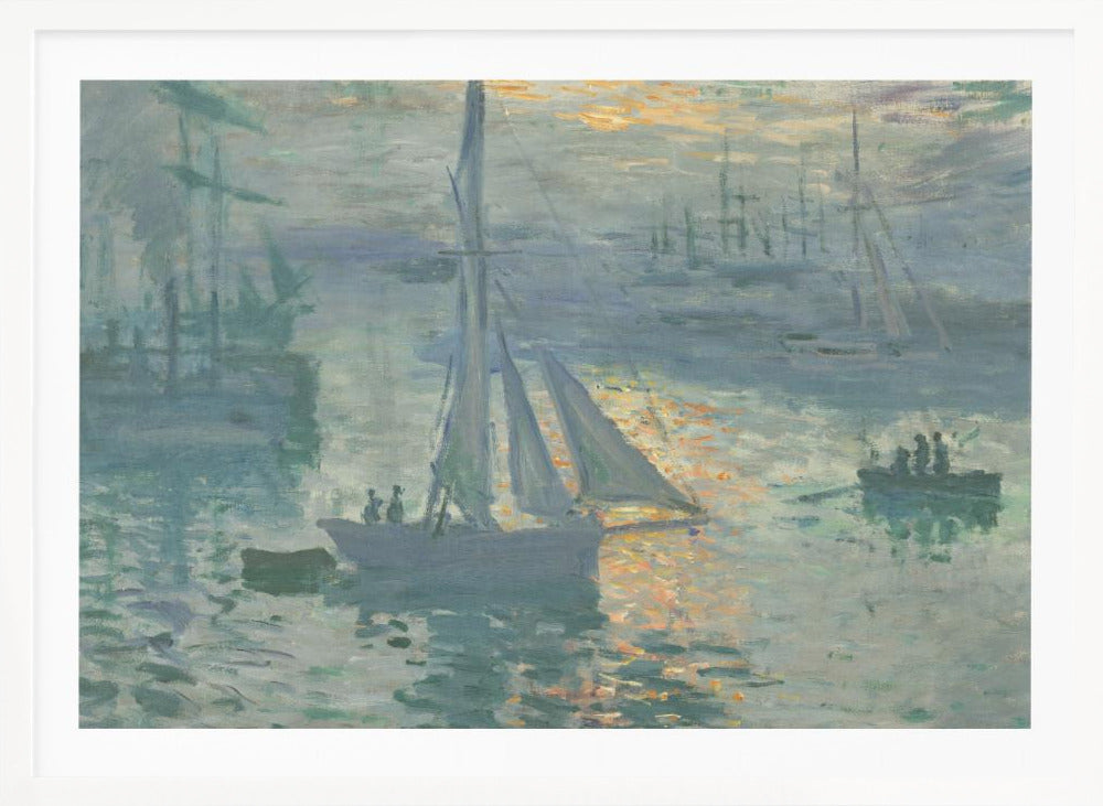 A framed print of Claude Monet's famous Impressionist painting, 'Impression, Sunrise'. The artwork depicts a misty harbor scene in muted blue and grey tones. A bright orange sun is visible through the haze, its light reflecting on the water's surface. Several boats, including a prominent sailboat in the foreground, are silhouetted against the dawn light. Print