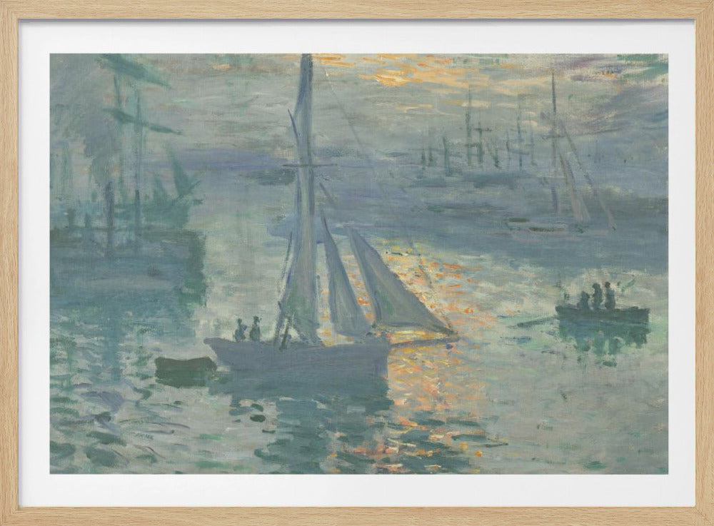 A framed print of Claude Monet's famous Impressionist painting, 'Impression, Sunrise'. The artwork depicts a misty harbor scene in muted blue and grey tones. A bright orange sun is visible through the haze, its light reflecting on the water's surface. Several boats, including a prominent sailboat in the foreground, are silhouetted against the dawn light. Print